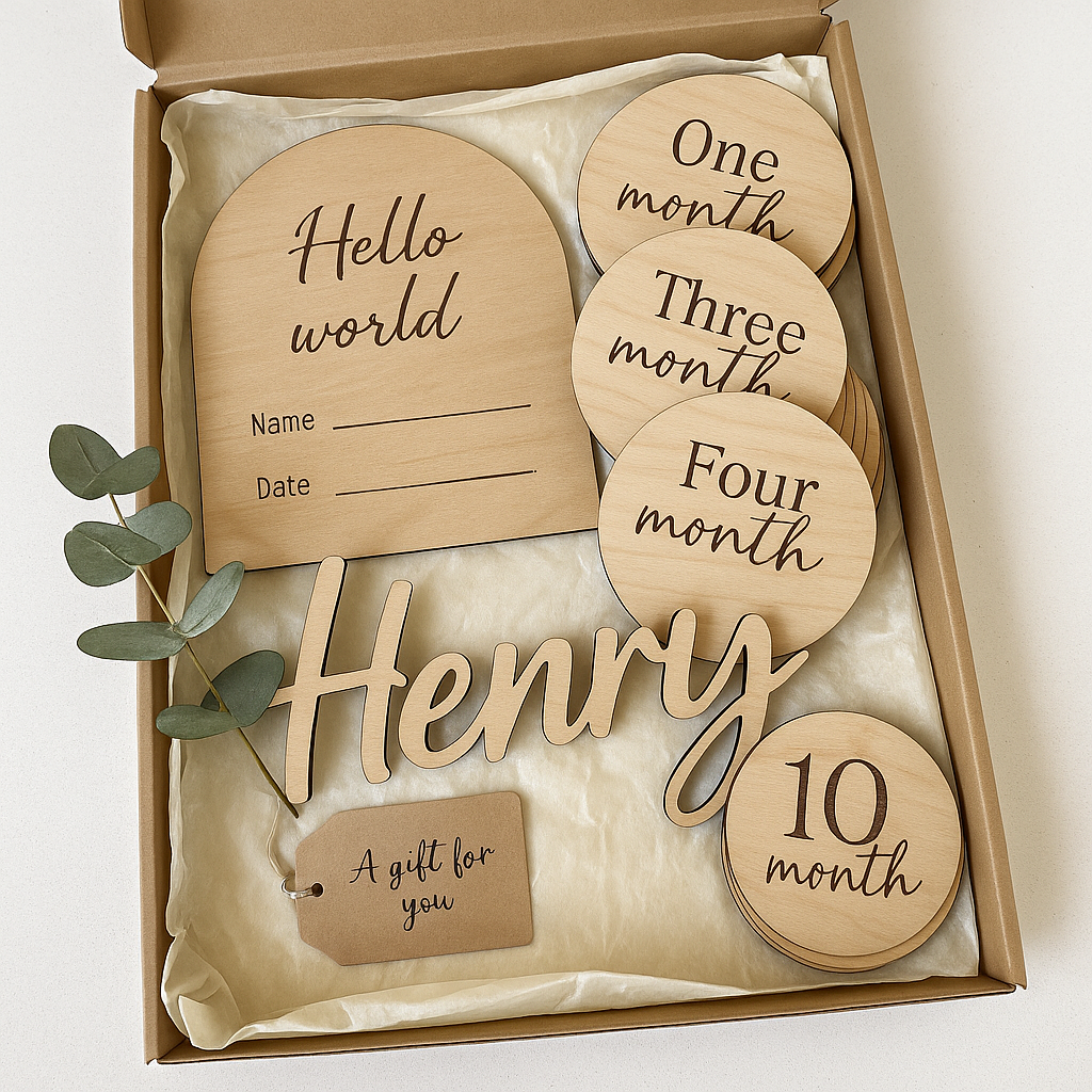 New Baby Bundle — Birth Plaque + Name Sign + Milestone Discs